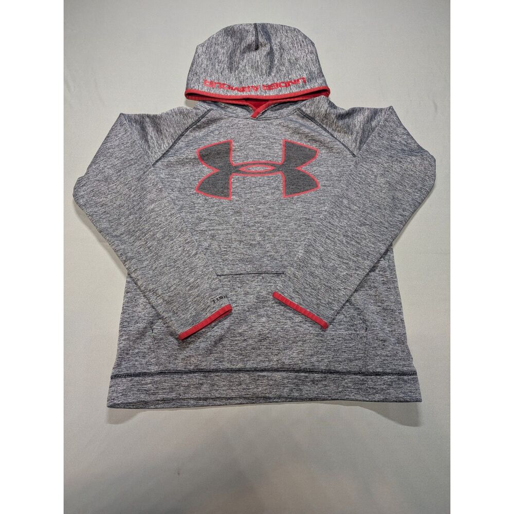 Under Armour Youth XL Hoodie Gray Red Big Logo Fleece Pullover Loose Fit